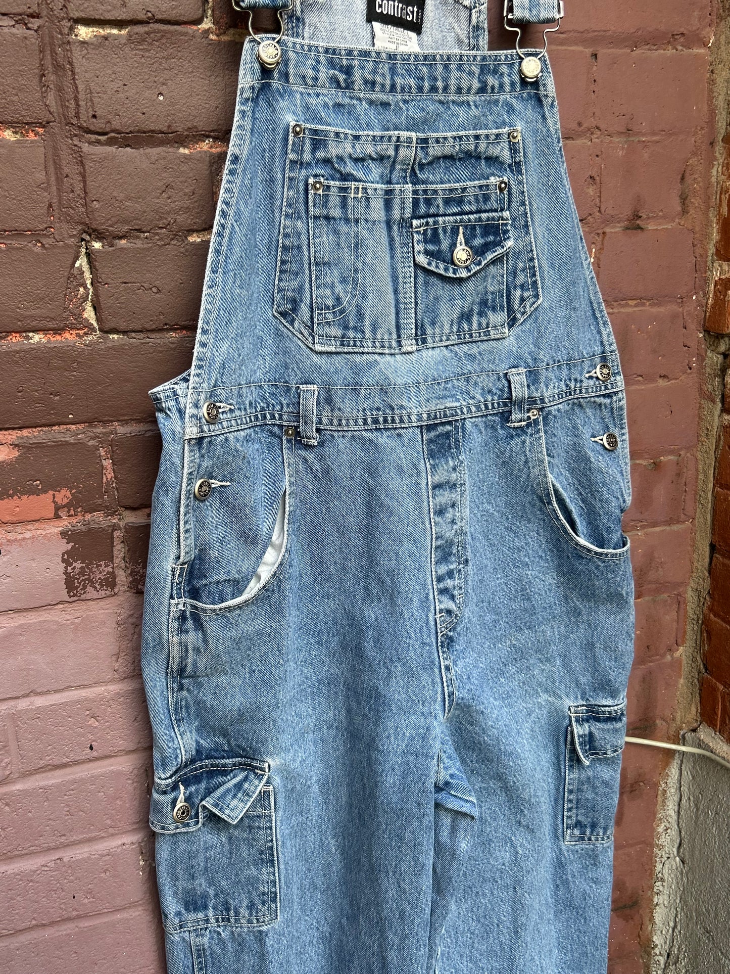 90’s Vintage Light Wash Denim Cargo Overalls / 36 Waist