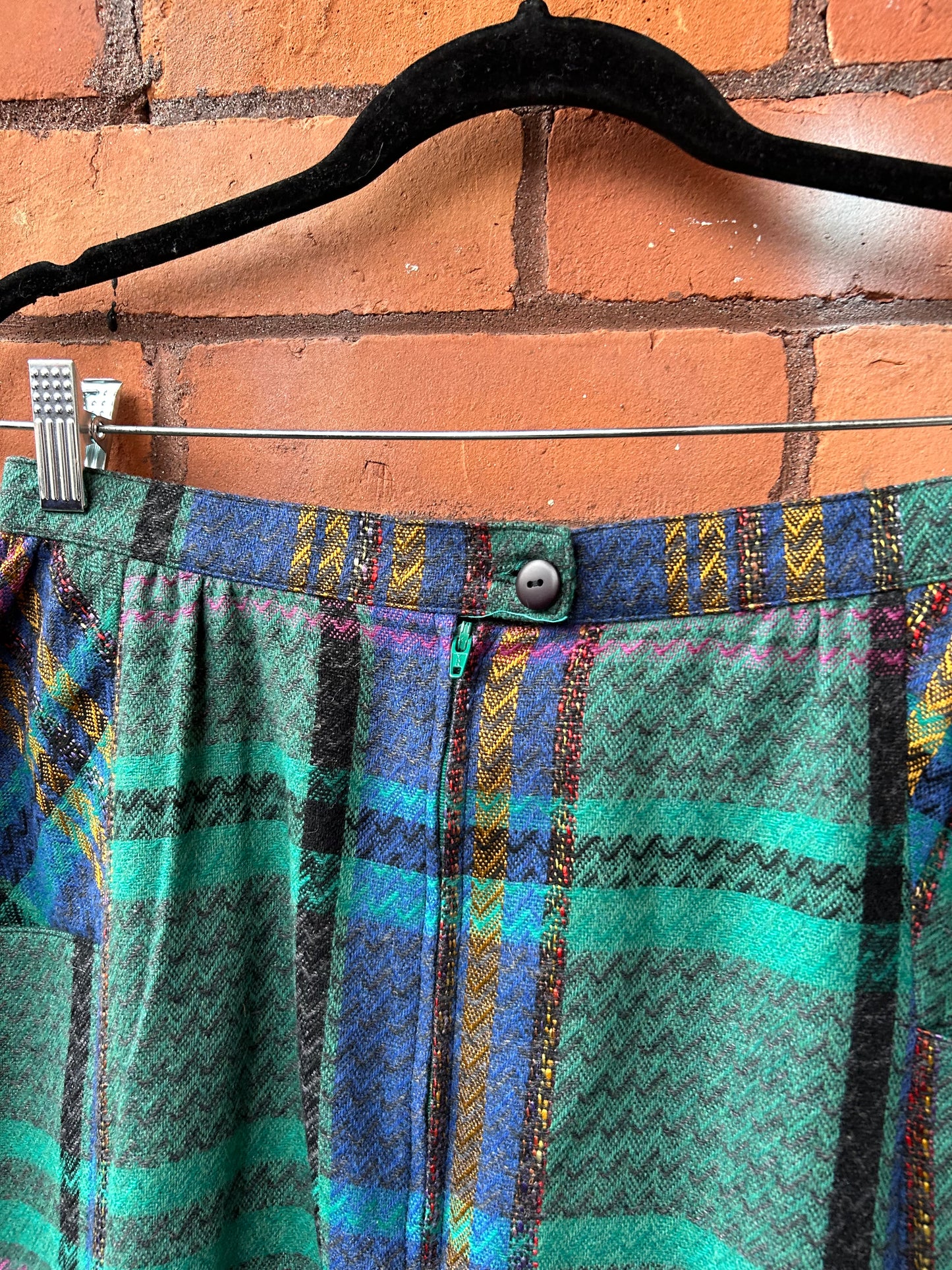 90’s Vintage Teal Plaid Midi Skirt / 29 Waist