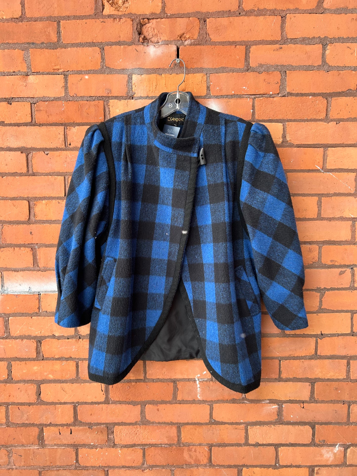 90’s Vintage Blue & Black Gingham Wool Crossover Coat / Size L-XL