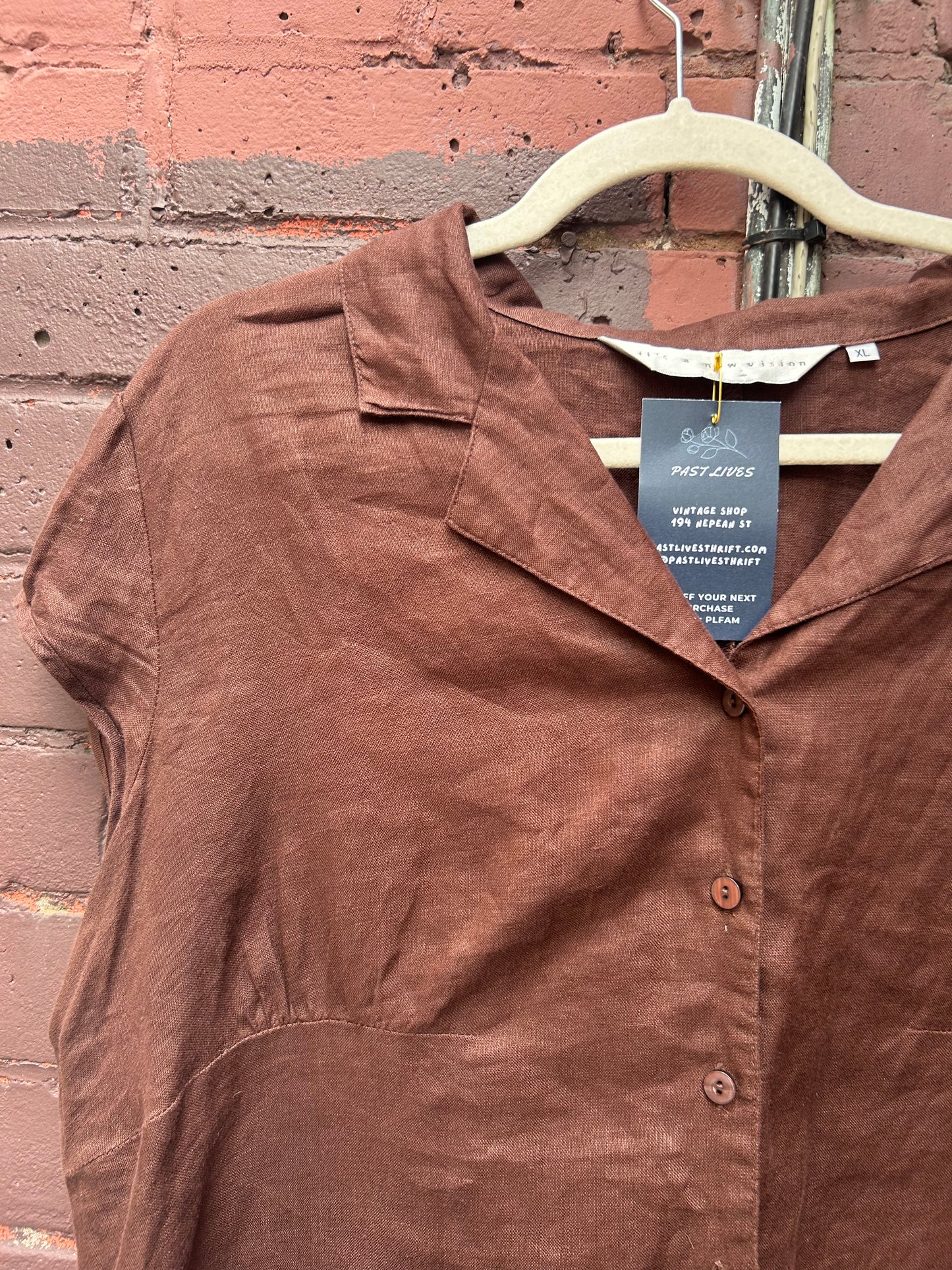 Y2K Vintage Brown Linen Cap Sleeve Blouse / Size XL