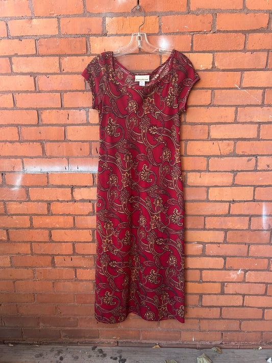 90’s Vintage Red Paisley T-shirt Midi Dress / Size 6-8