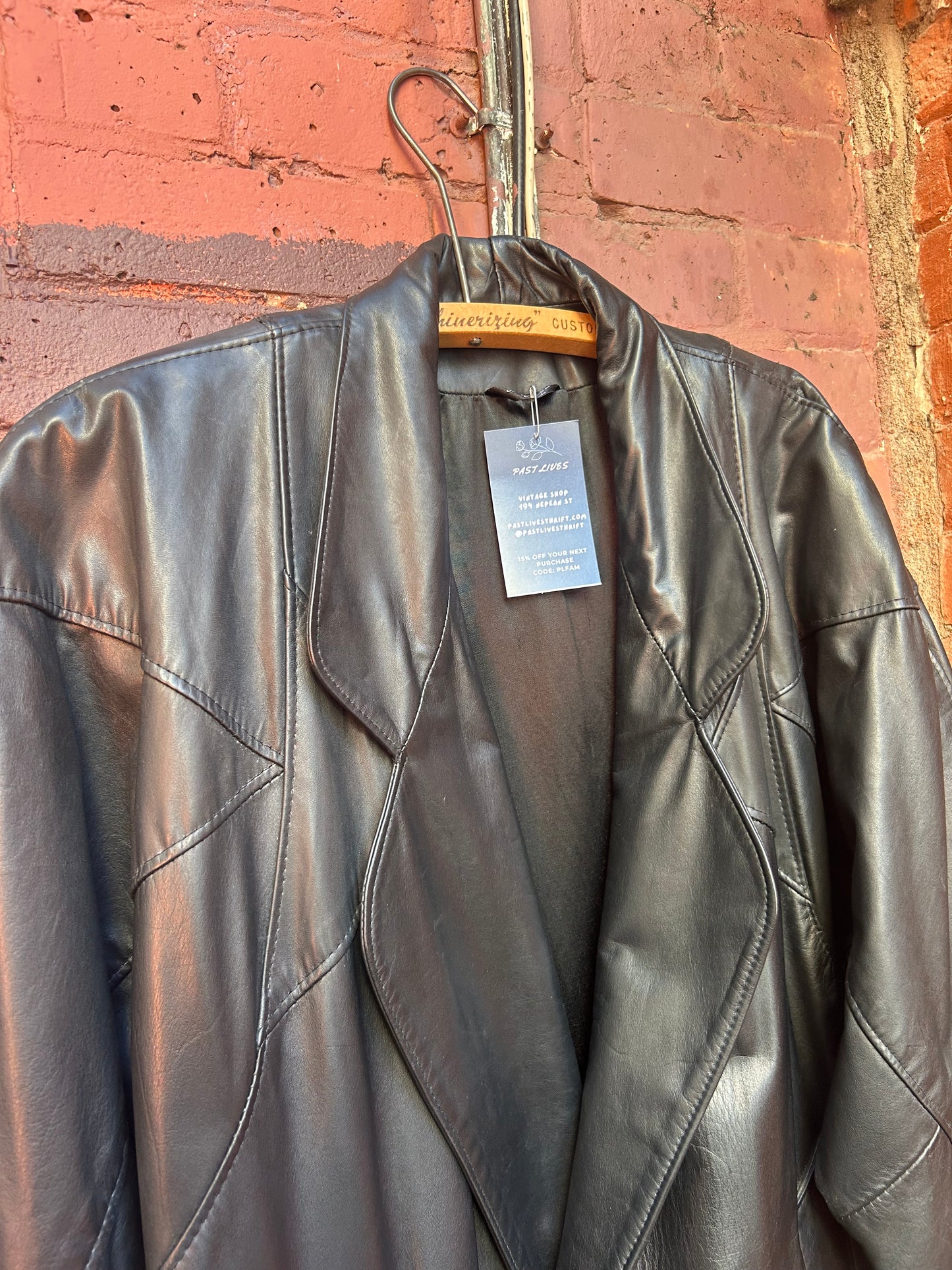 90's Vintage Black Leather Double Breasted Coat / Size S