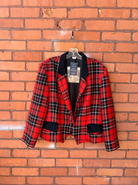 80’s Vintage Red & Black Tartan Cropped Blazer / Size M