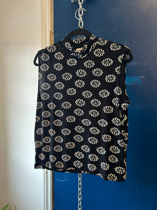 90’s Vintage Black & White Daisy Slinky Mockneck Tank / Size L