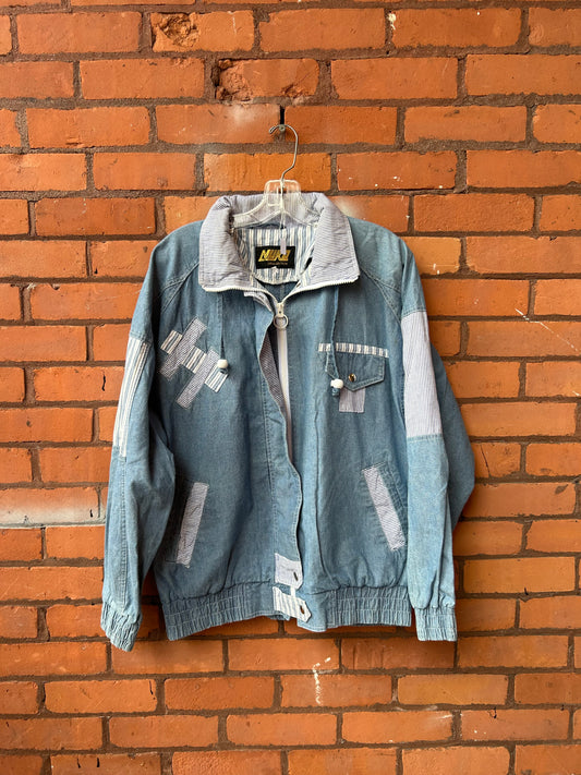 90’s Vintage Denim Patchwork Bomber Jacket / Size L