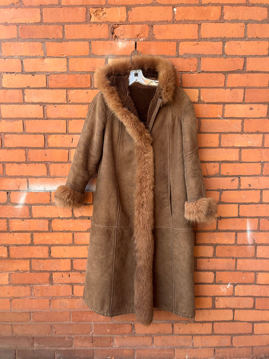 80’s Vintage Brown Sheepskin & Fur Trim Hooded Coat / Size S