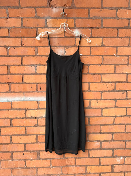 90’s Vintage Black Floral Beaded Mini Dress / Size 4-6