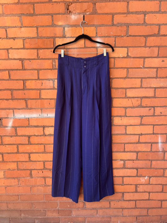 90’s Vintage Blue Pinstripe Wide Leg Trousers / 28 Waist