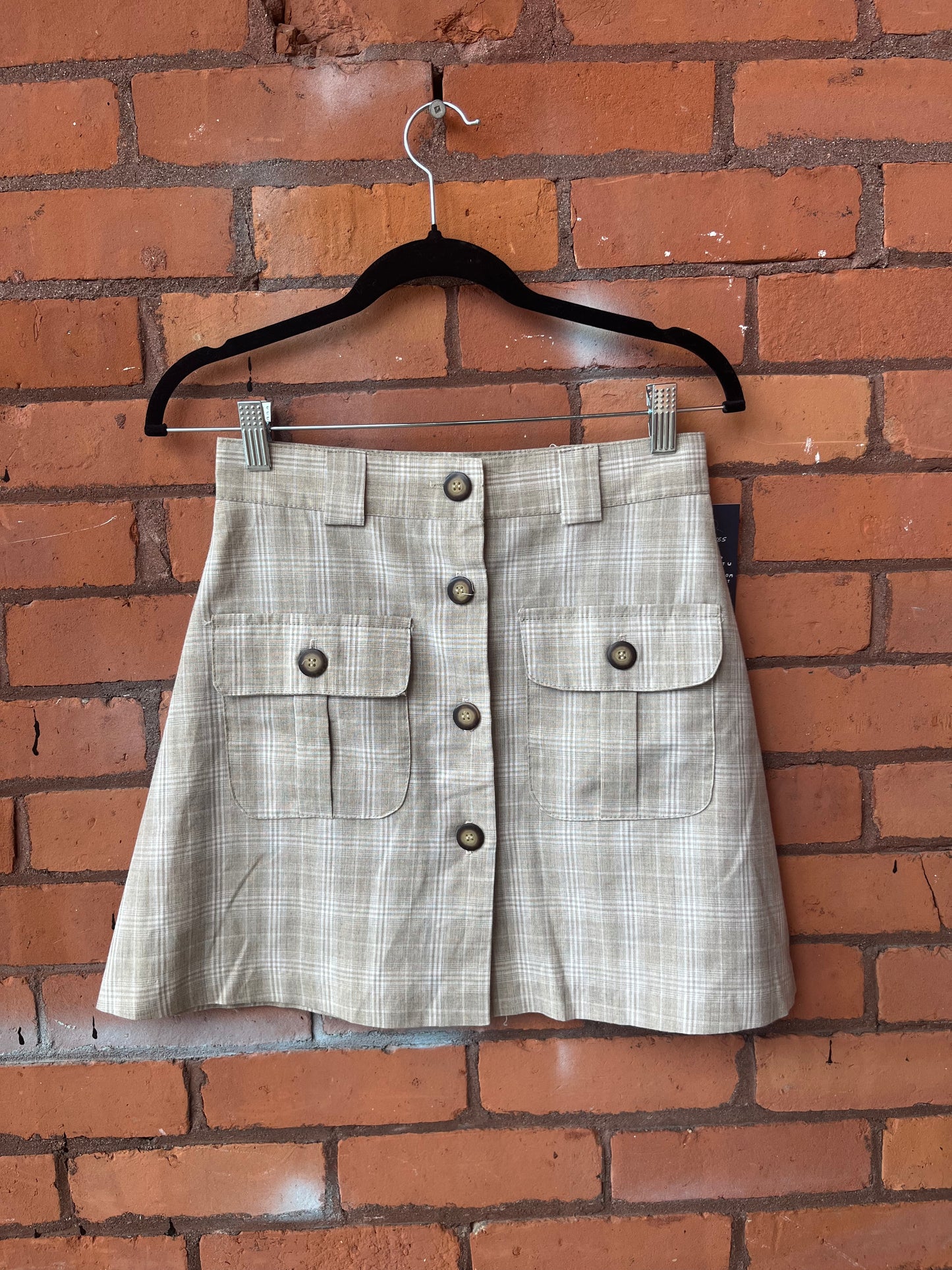 90’s Vintage Beige Plaid Button Down Mini Skirt / 27 Waist