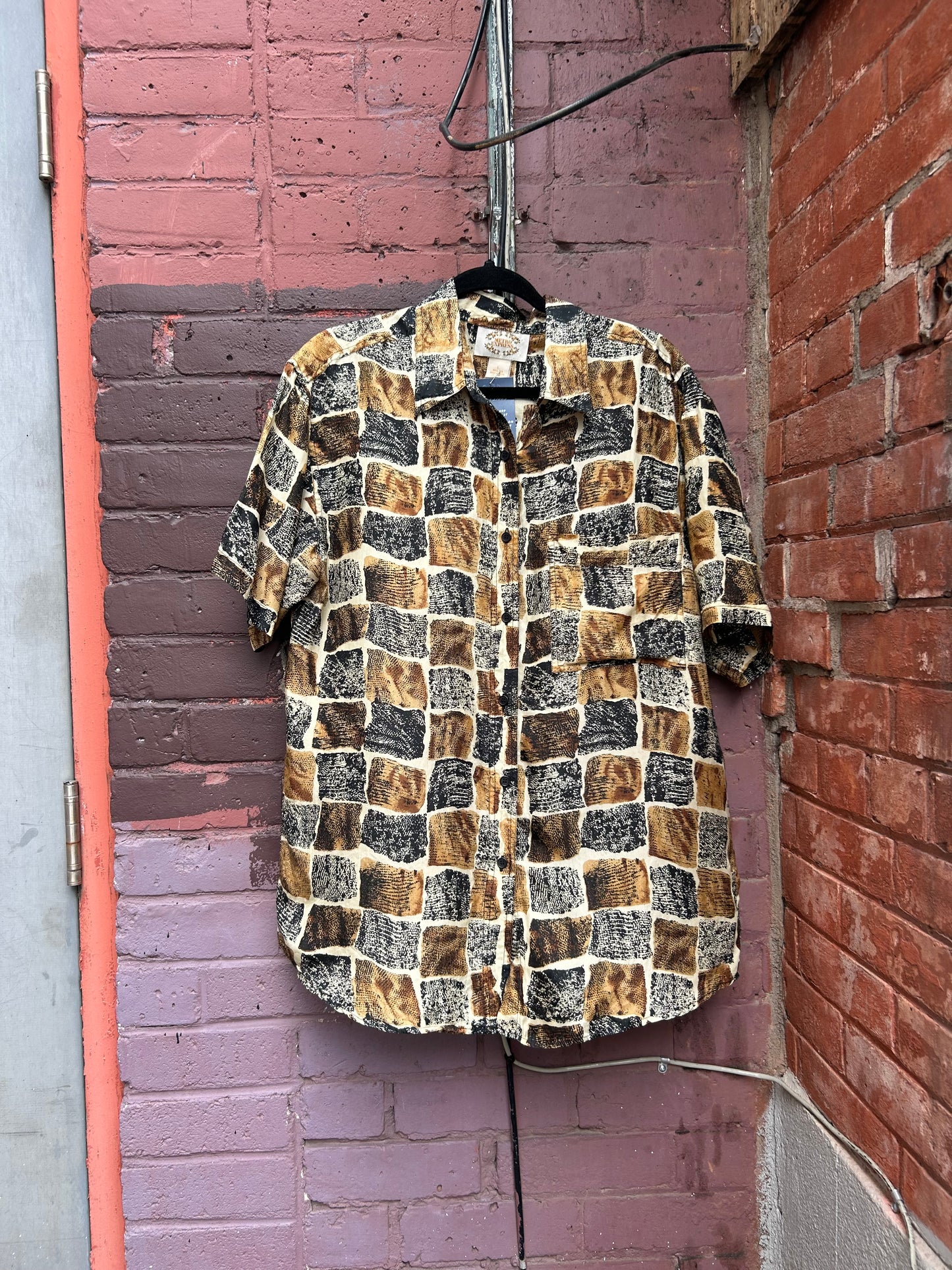 90’s Vintage Brown & Grey Silk Button Down Shirt / Size L