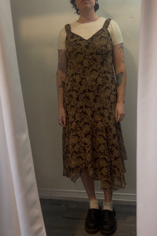 Y2K Vintage Brown Boho Asymmetrical Midi Dress / Size 6