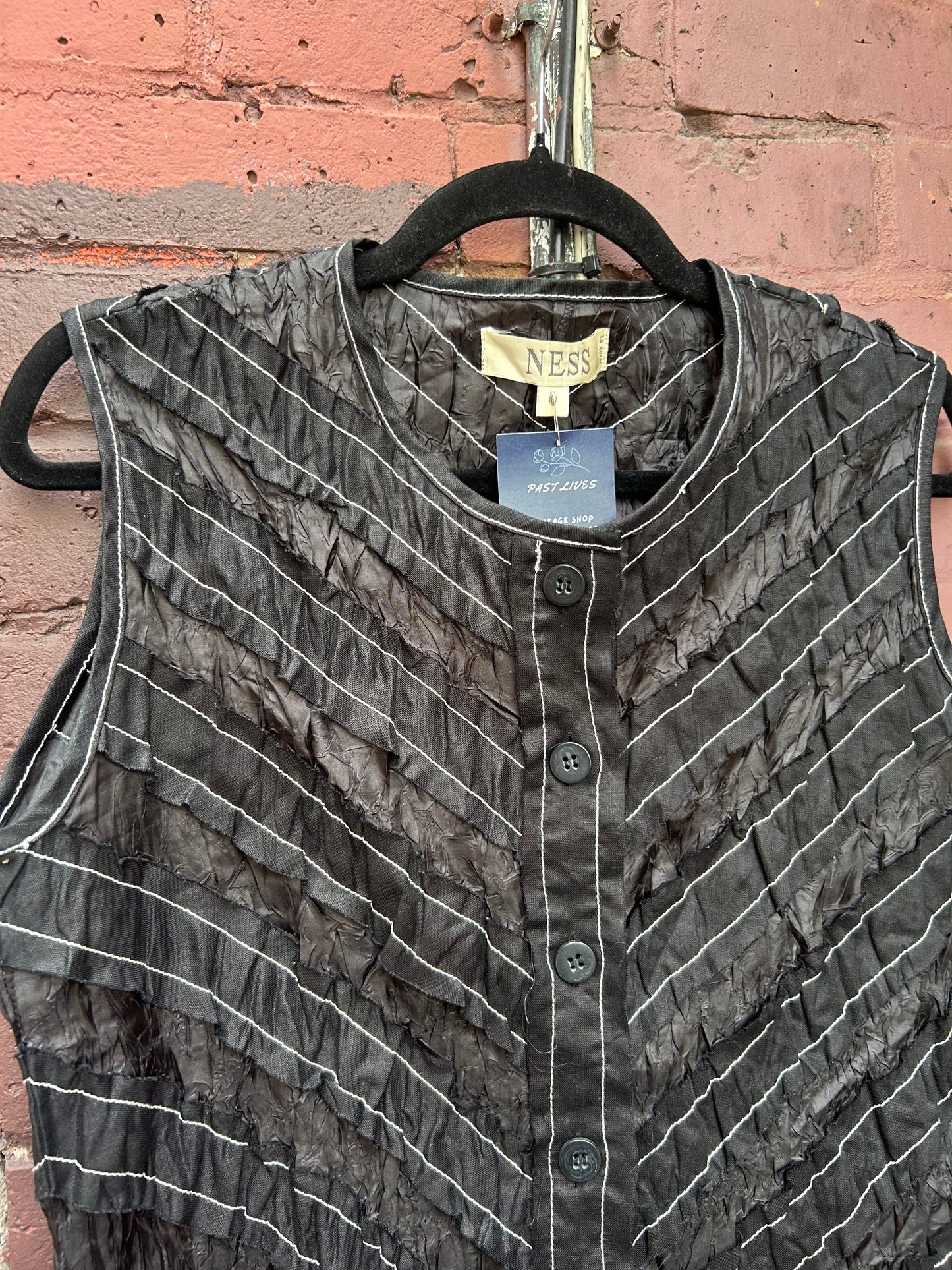 90's Vintage Black & White Pinstripe Textured Button Up Tank / Size M