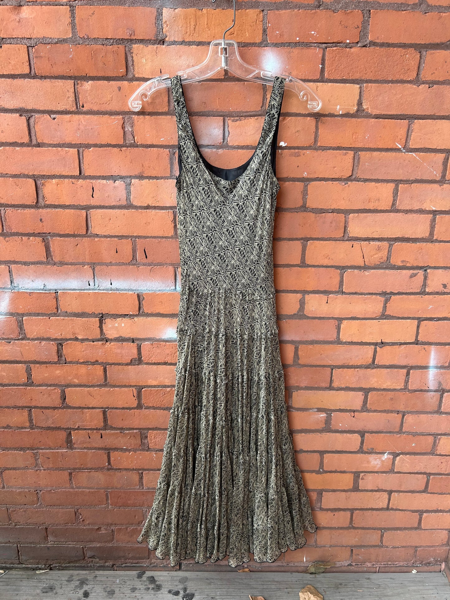 90’s Vintage Silk Beige & Black Print Tiered Maxi Dress / Size 6–8