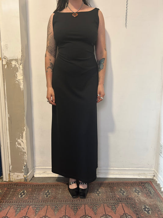 90’s Vintage Black High Neck Low Back Maxi Dress / Size 10