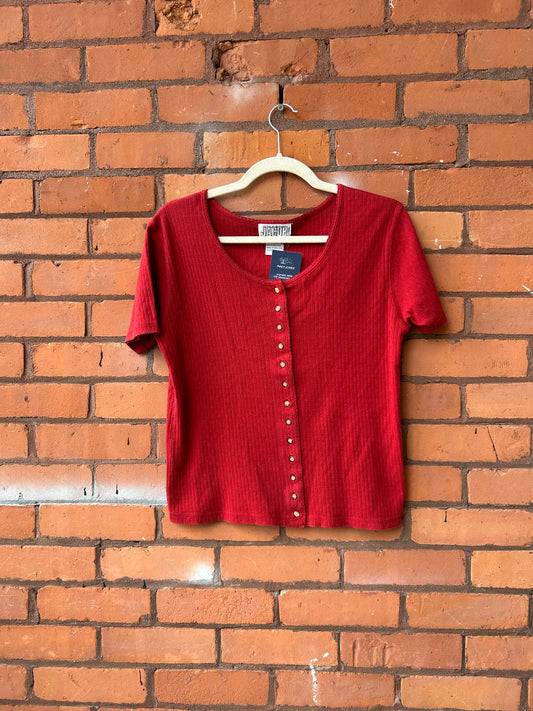 90’s Vintage Red Button Down Cotton Tee / Size M-L