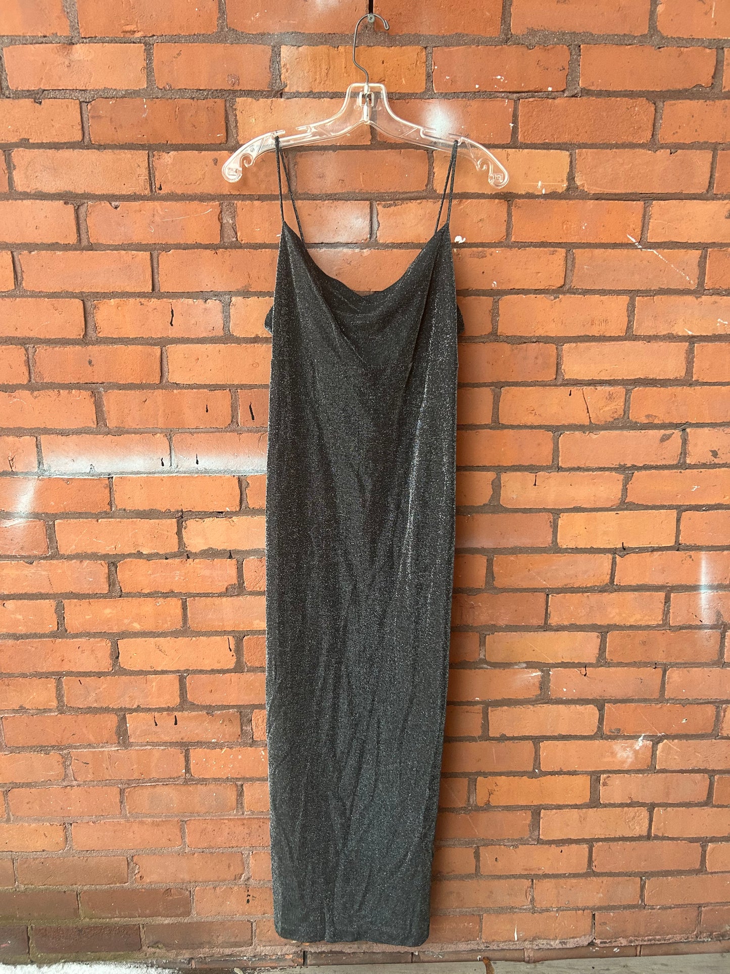 90’s Vintage Silver Sparkly Square Neck Maxi Dress / Size 10 - 12