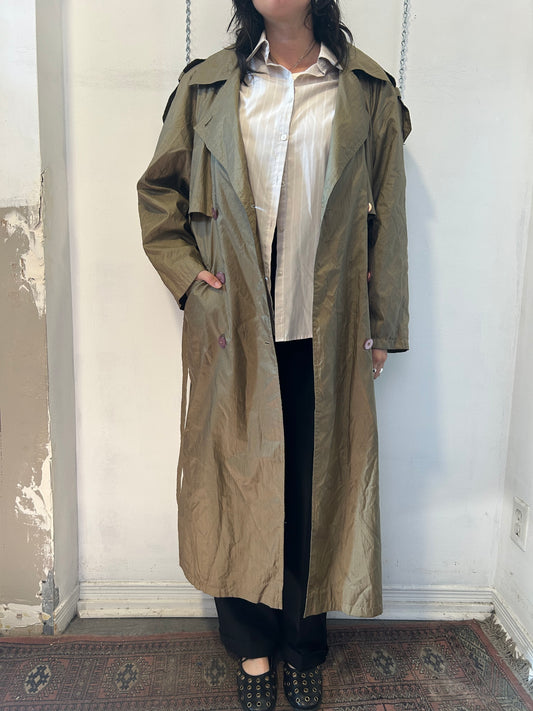 90’s Vintage Green Khaki Nylon Trench Coat / Size L