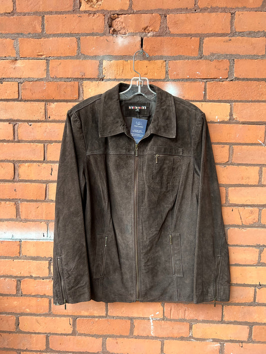 90’s Vintage Dark Brown Suede Zip Up Jacket / Size XL