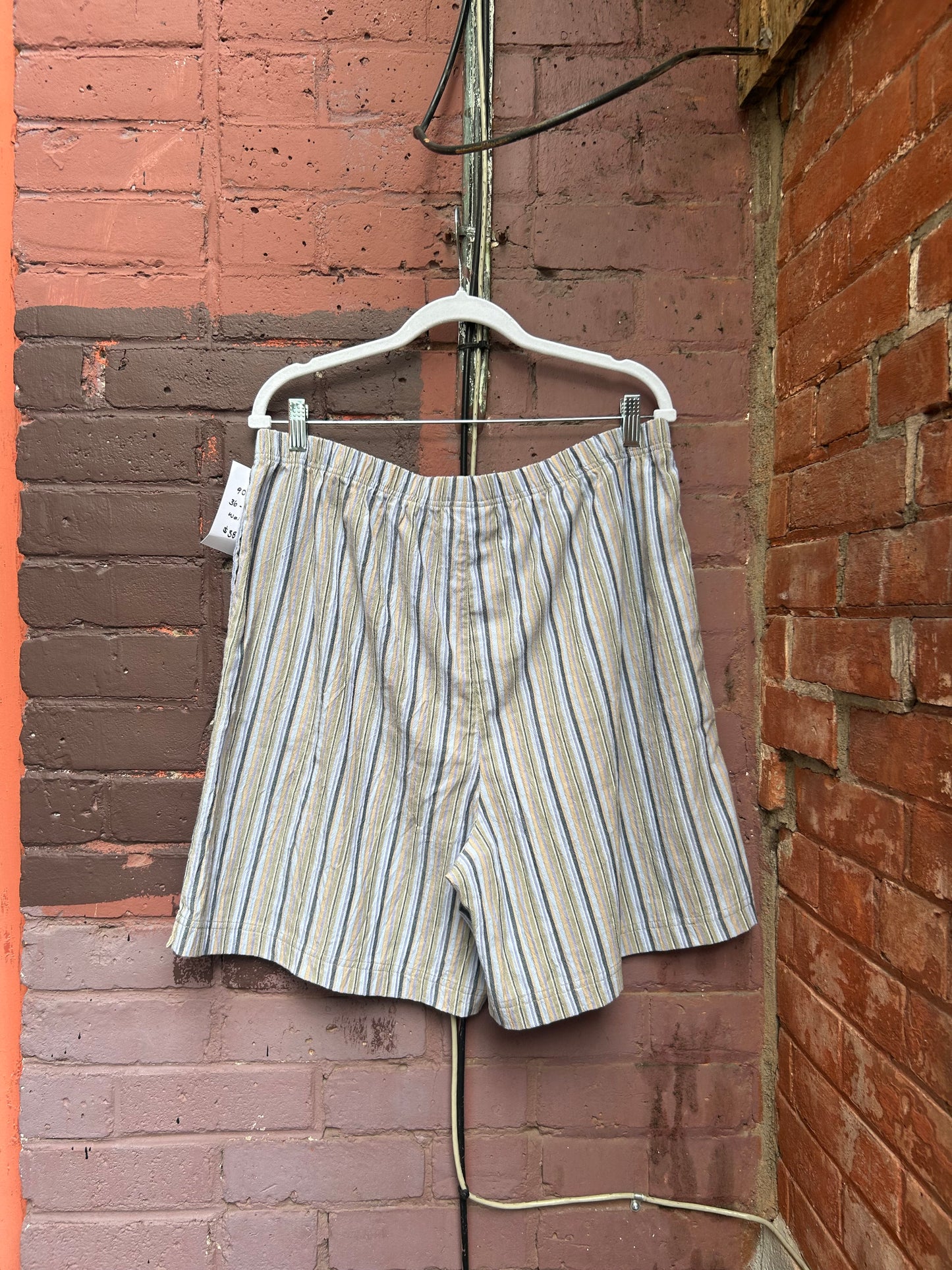 90's Vintage Blue & Green Striped Boxer Style Shorts / 36 - 44 Waist