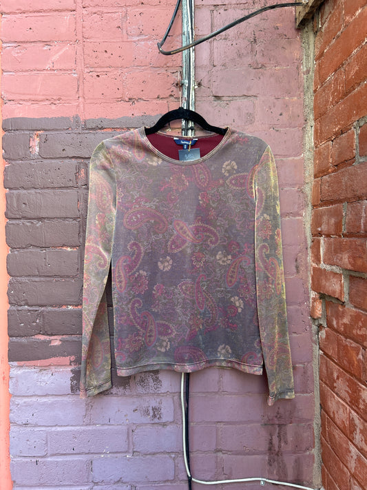 90's Vintage Gold & Burgundy Paisley Mesh Overlay Longsleeve / Size M