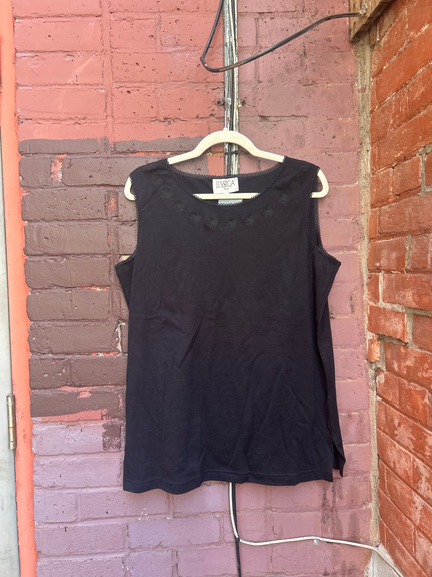 90's Vintage Black Cotton Embroidered High Neck Tank / Size 1X