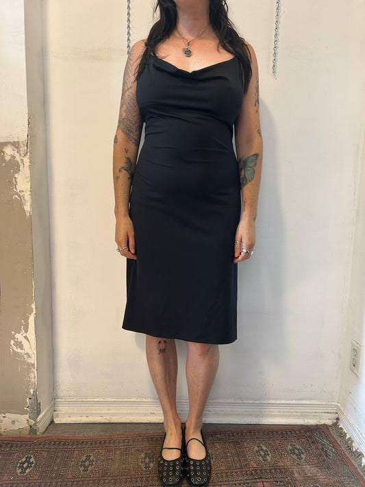 90’s Vintage Black Cowlneck Strappy Midi Dress / Size L