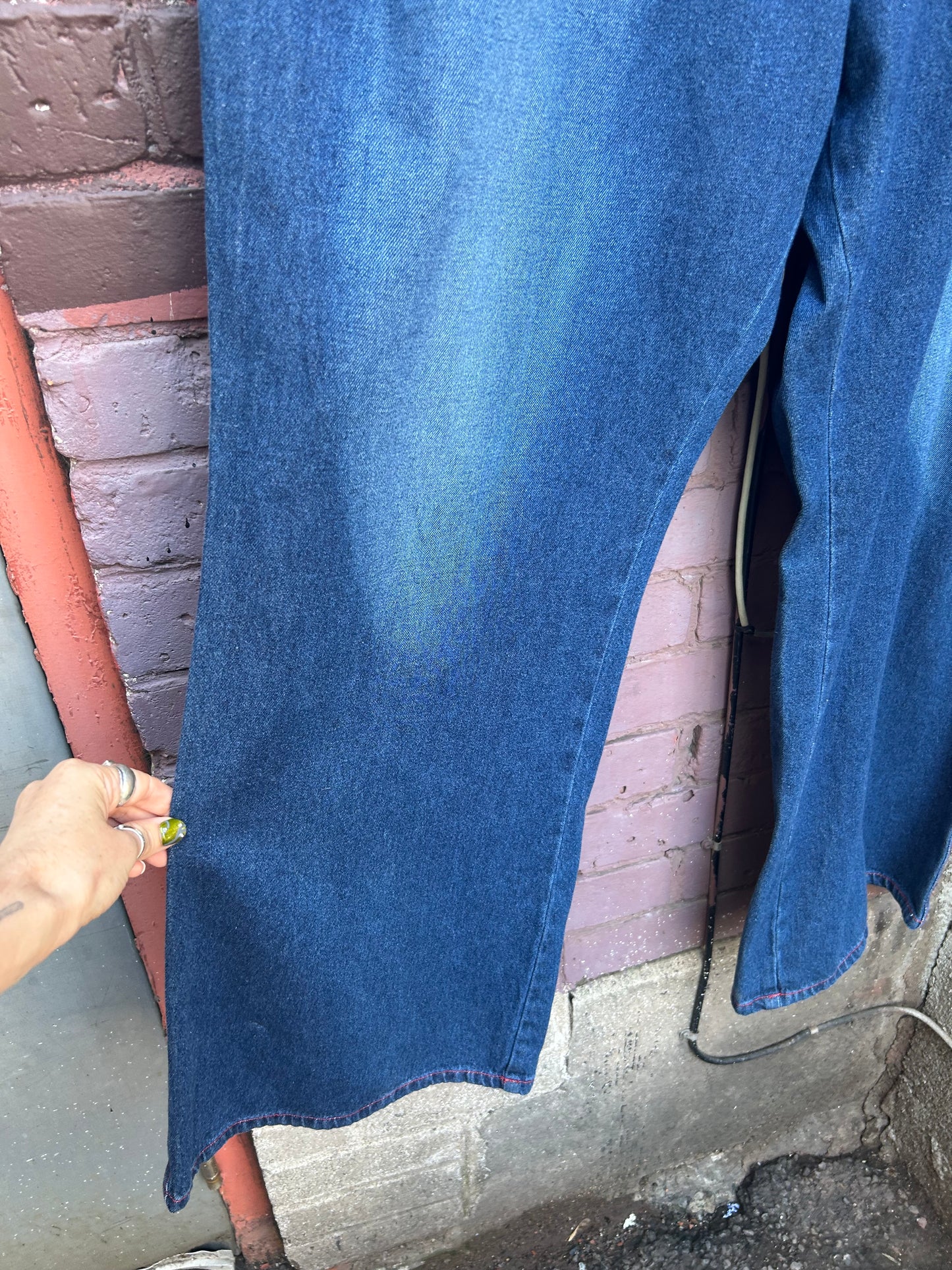 Y2K Vintage Blue & Red Rhinstone Fray Flare Jeans / 44 Waist