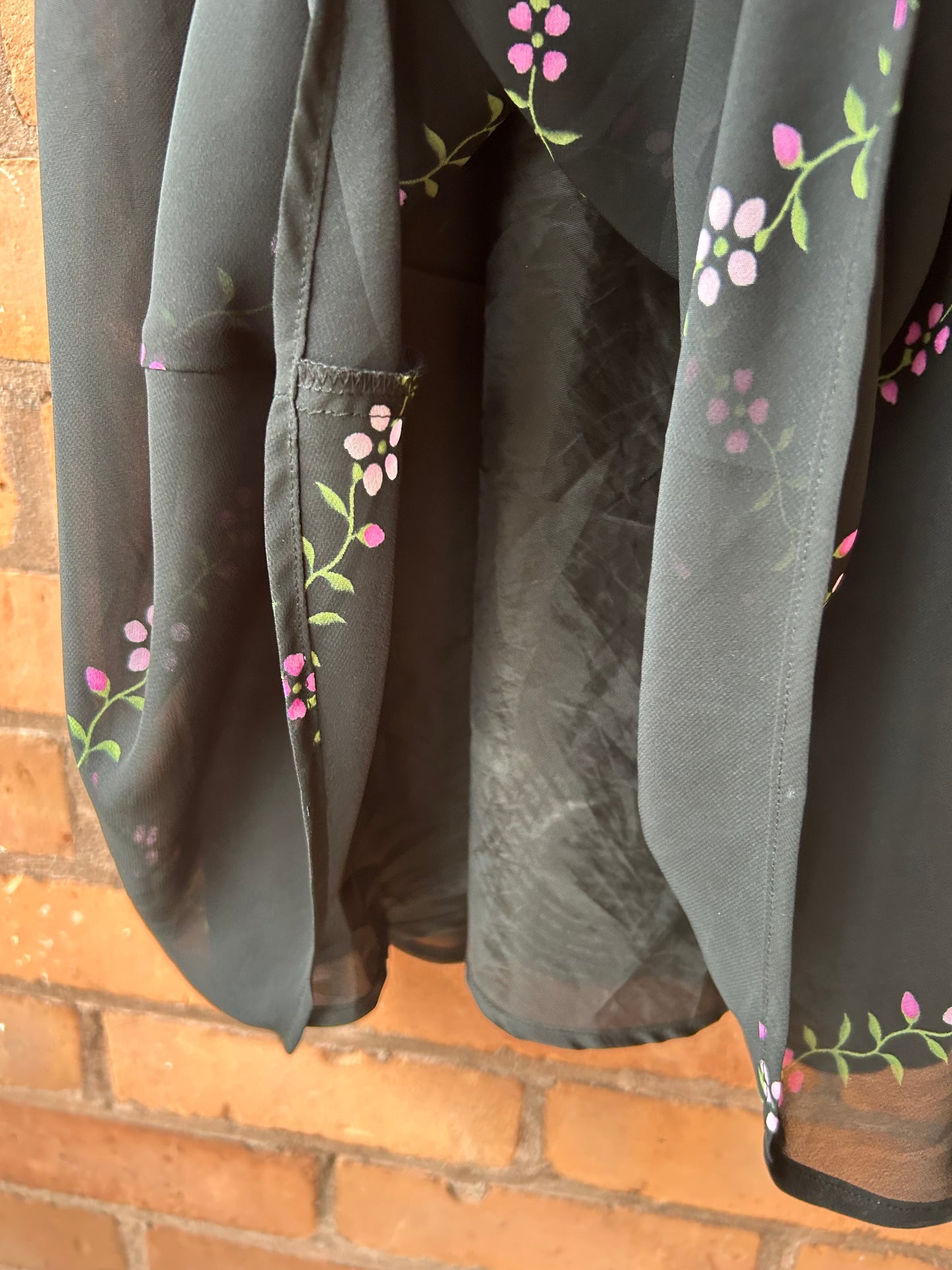 90’s Vintage Black & Pink Floral Overlay Midi Dress / Size 14-16