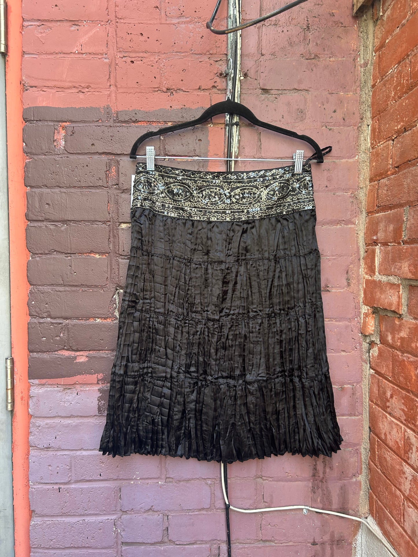 90's Vintage Black Satin & Gold Sequin Midi Skirt / 30 Waist
