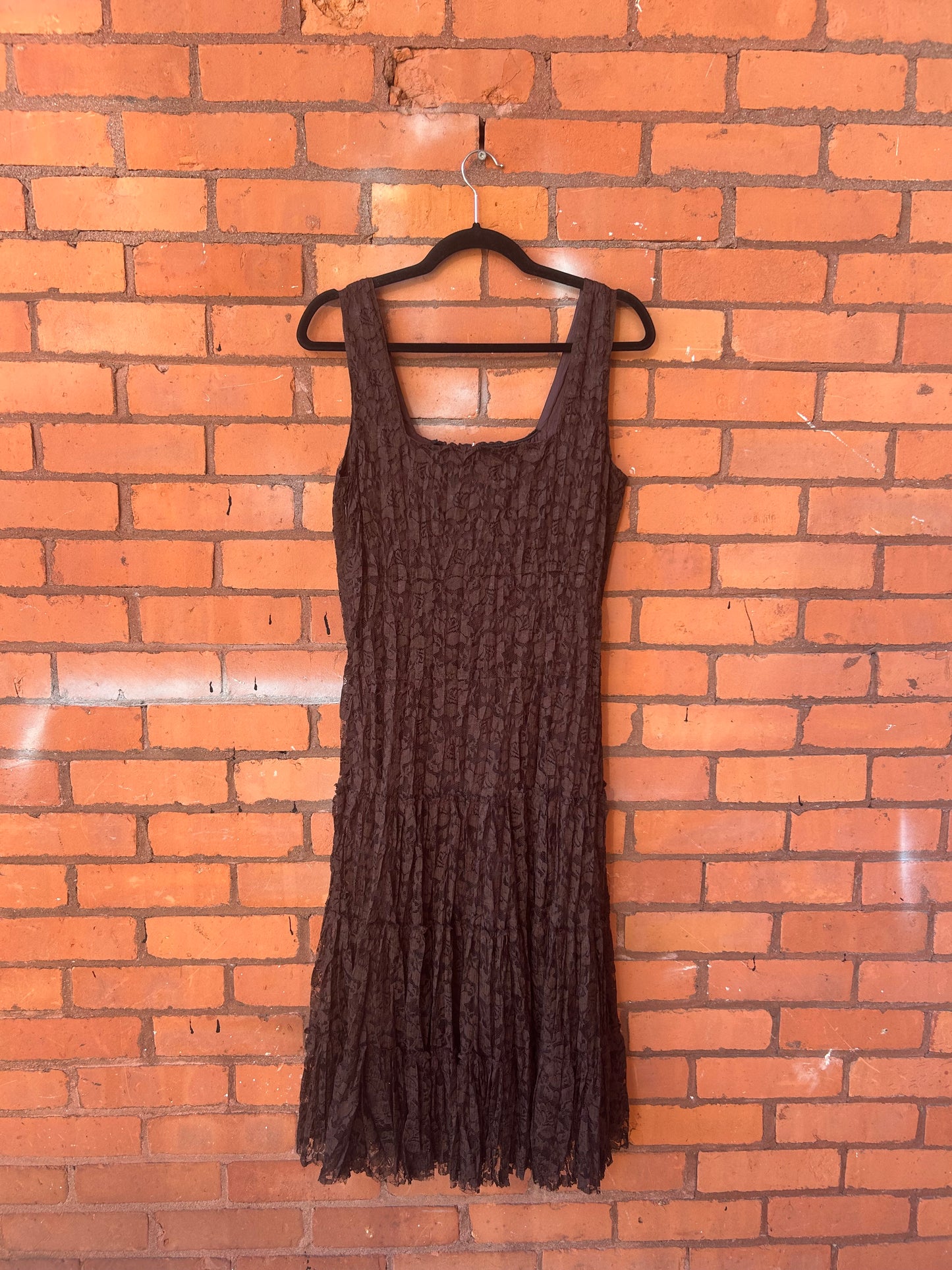 90’s Vintage Brown Lace Tiered Dress / Size 14