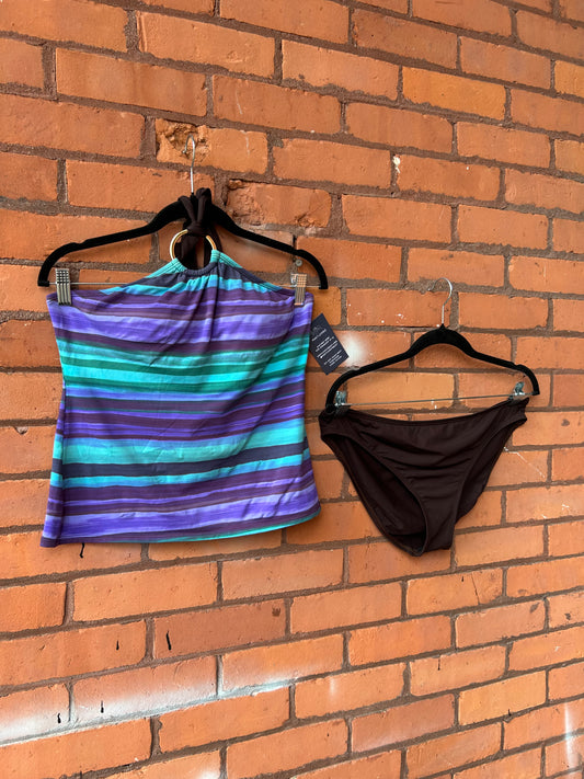 Y2K Vintage Purple Blue & Brown Halter Tankini Set / Size L