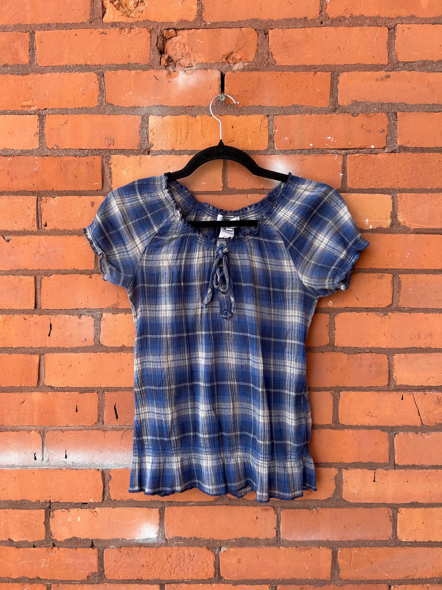 Y2K Vintage Blue Plaid Cotton Milkmaid Top / Size S