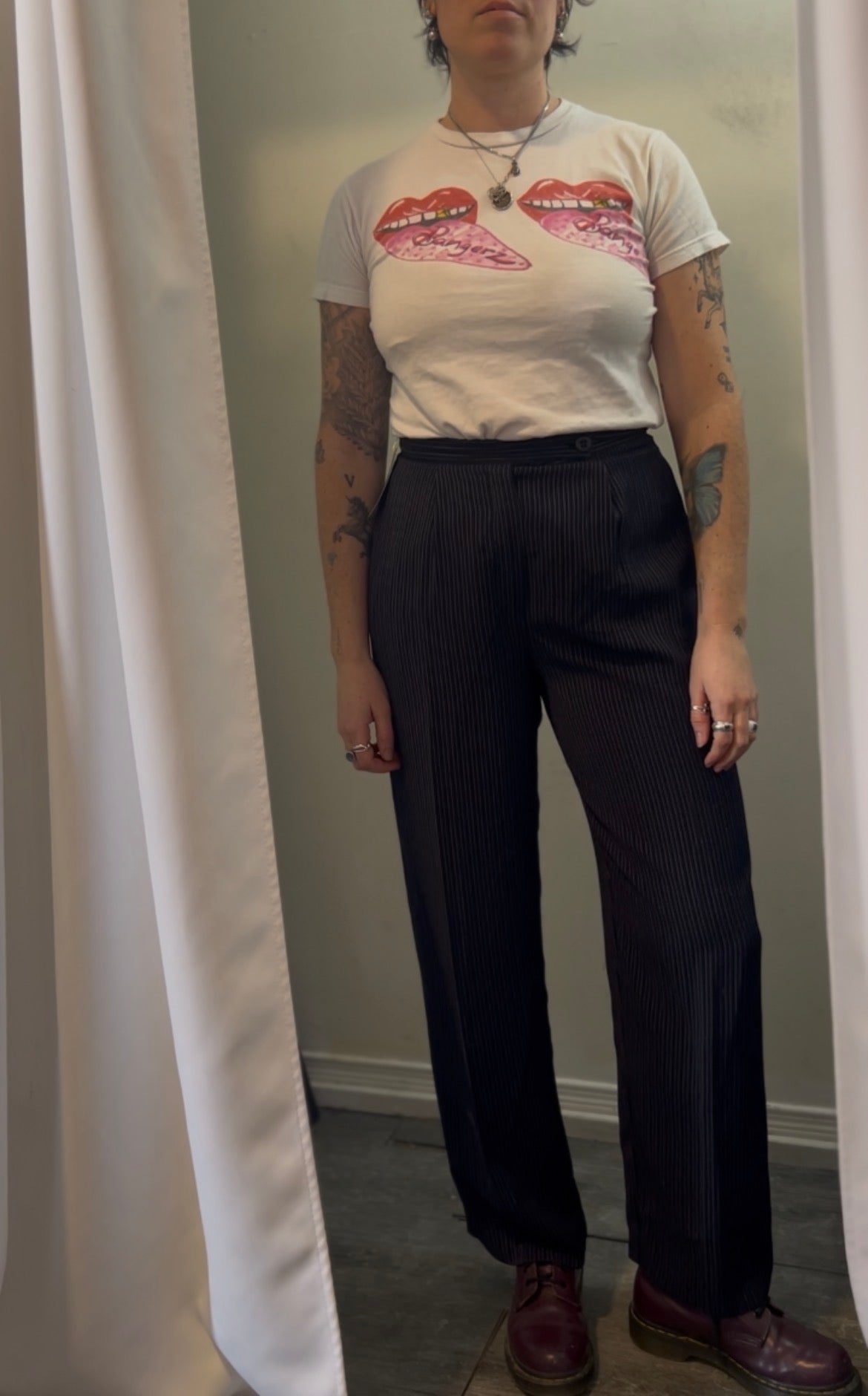 90’s Vintage Navy Pinstripe Straight Leg Trousers / 30 Waist