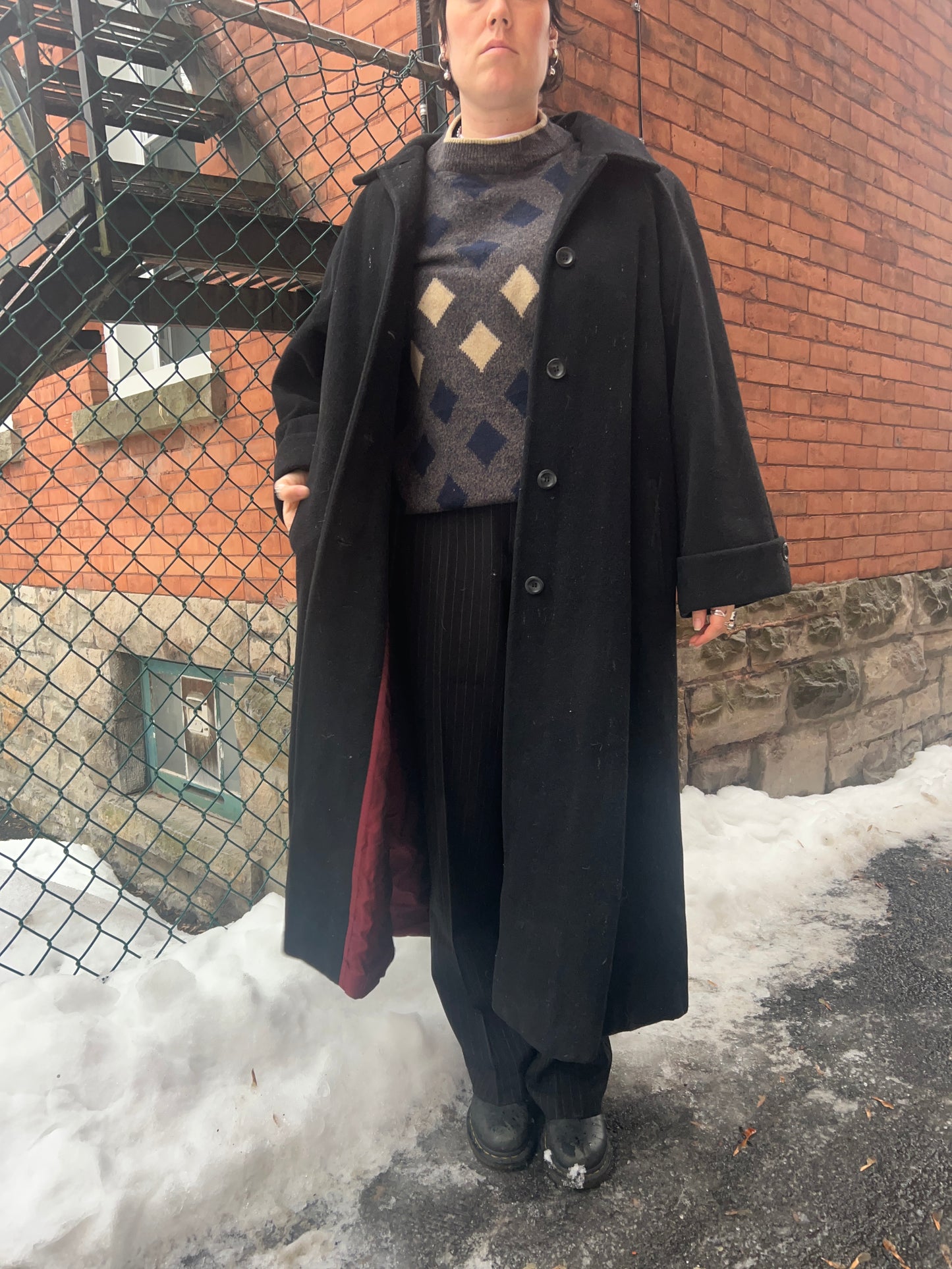 90’s Vintage Black Wool & Cashmere Overcoat / Size L