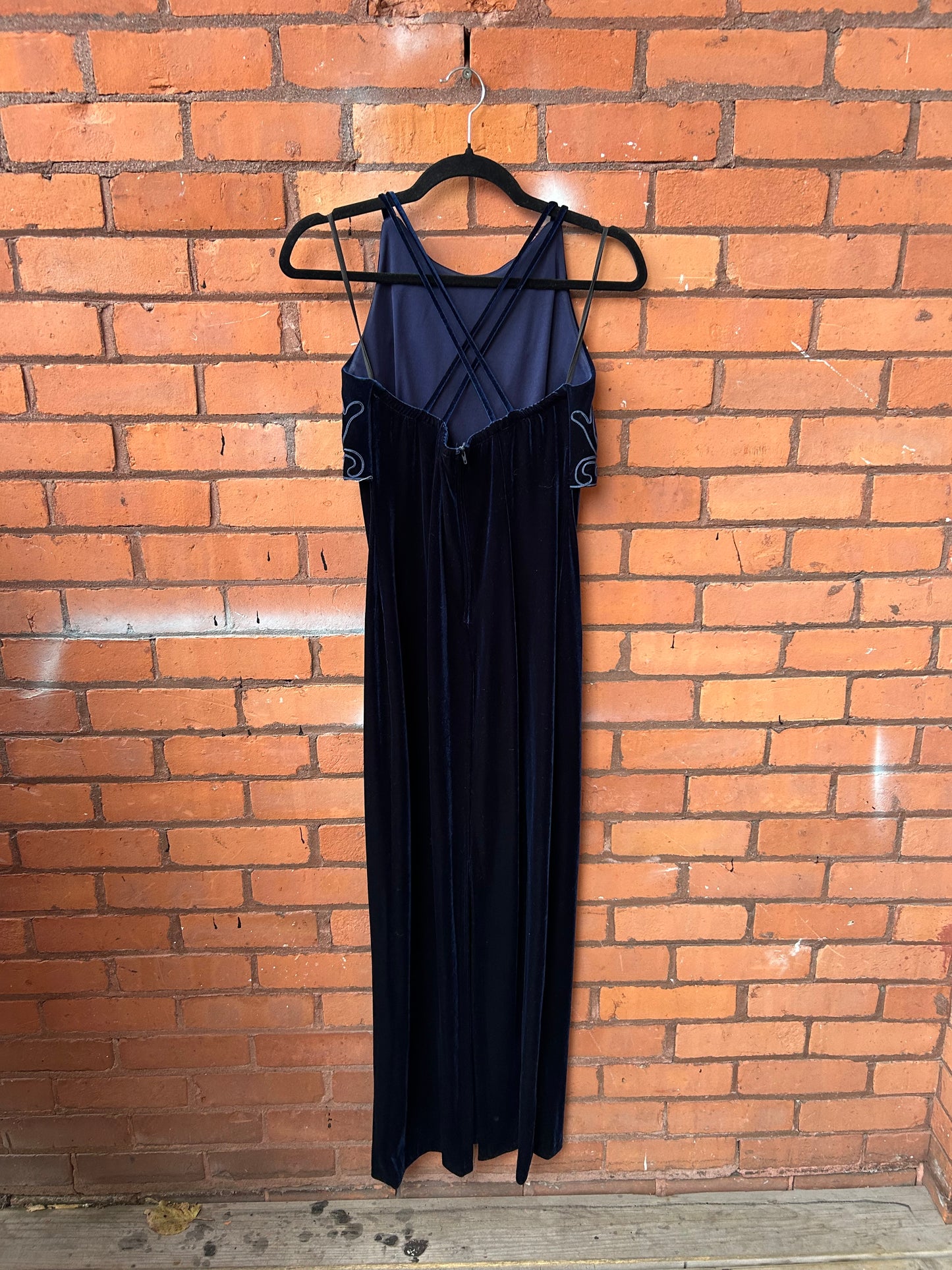 90’s Vintage Midnight Blue Velvet High Neck Maxi Dress / Size 6-8