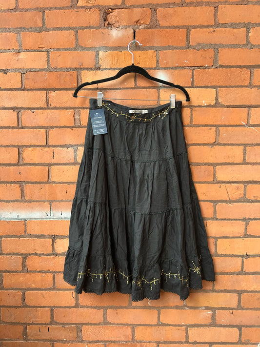 Y2K Vintage Black Cotton Gold Sequin Tiered Midi Skirt / 28 Waist