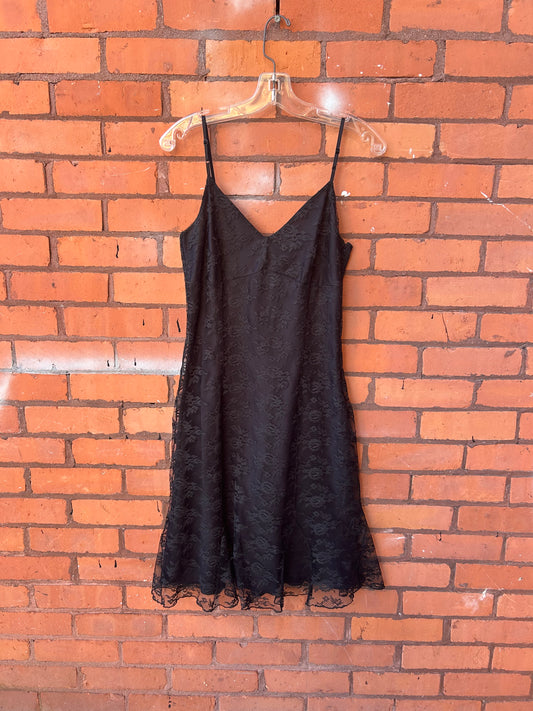 90’s Vintage Black Lace Midi Dress / Size 6-8