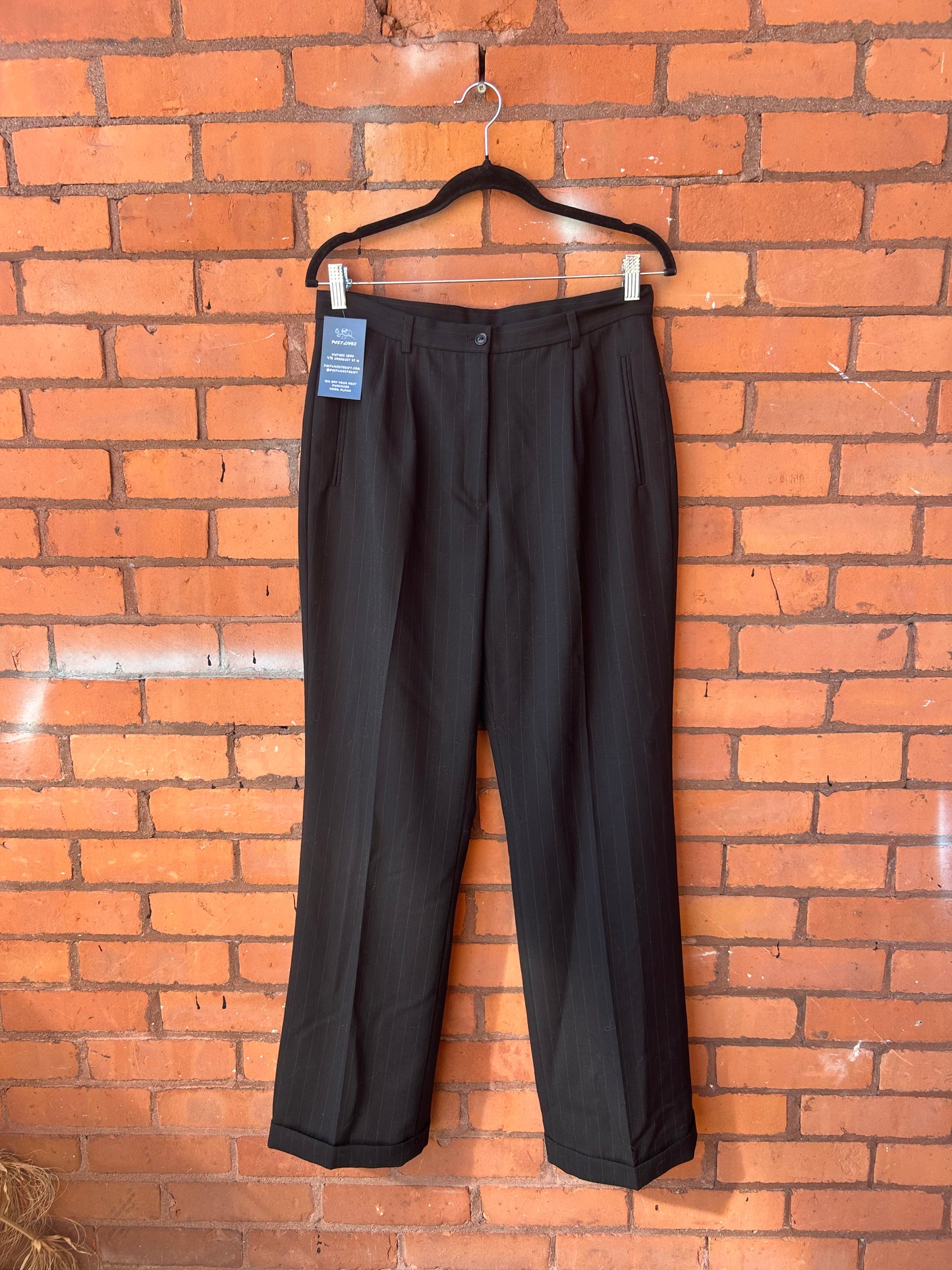 90’s Vintage Black Pinstripe Wool Trousers / 32 Waist