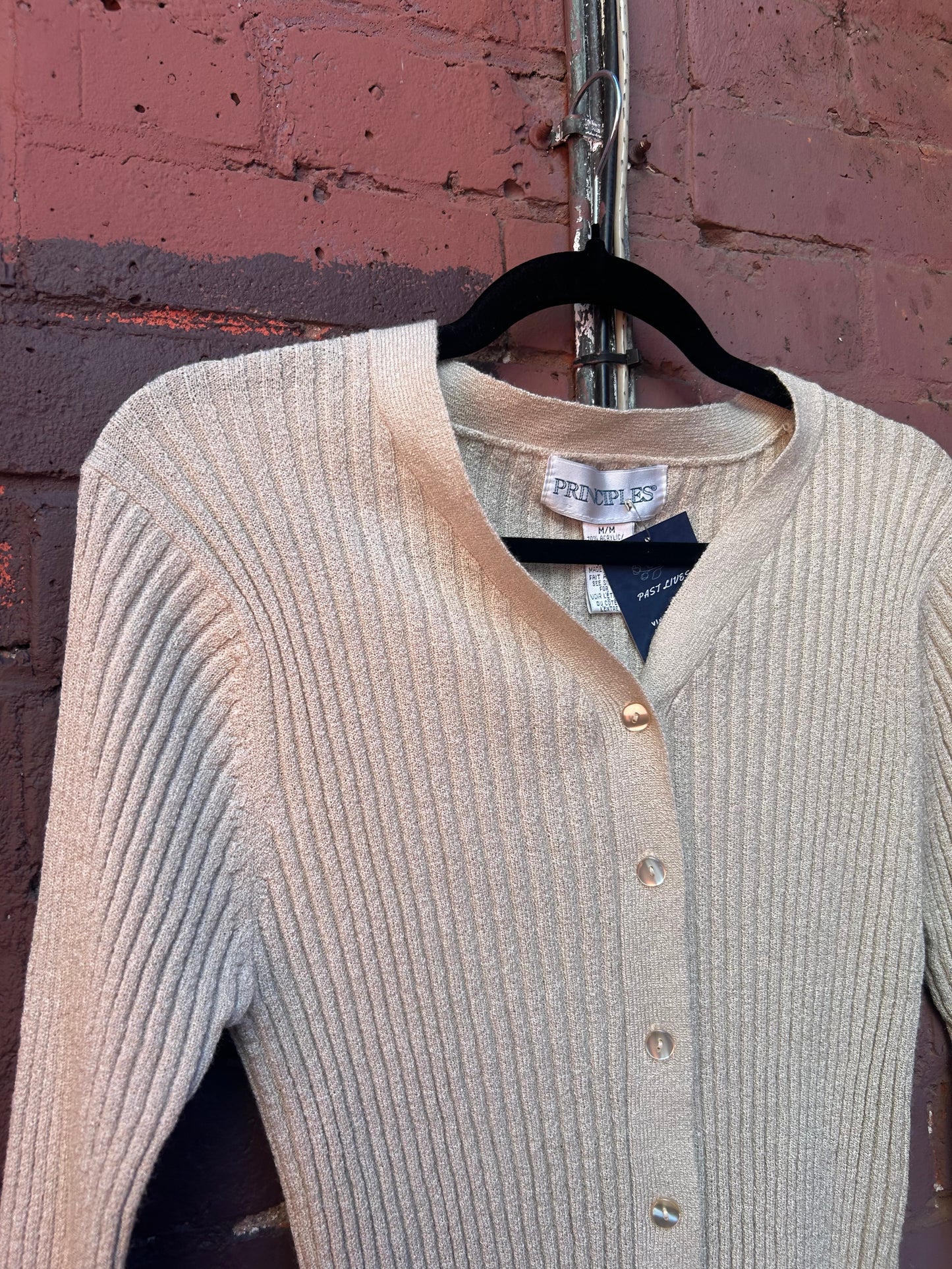 90's Vintage Beige Ribbed Knit Fitted Cardigan / Size M