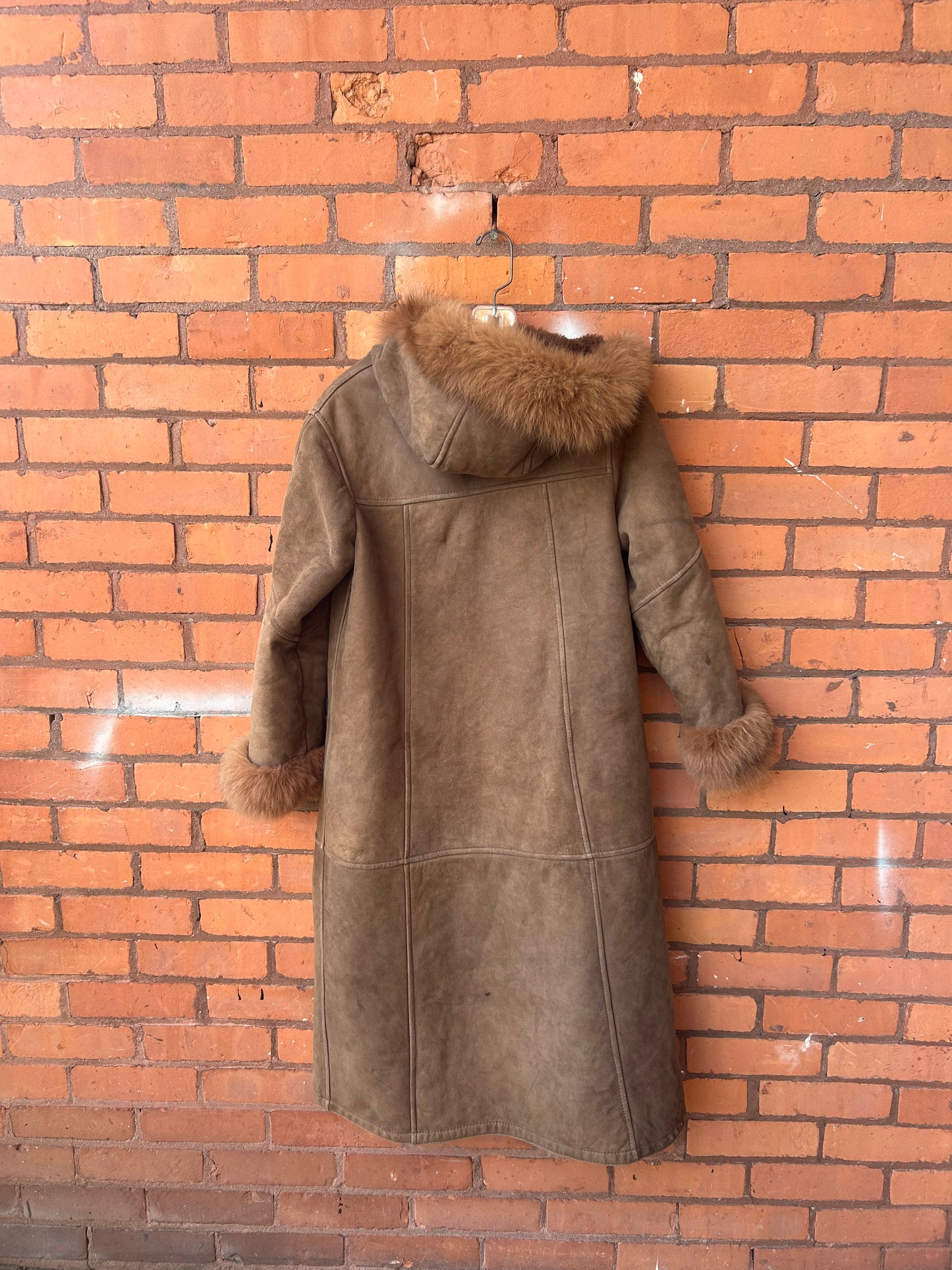 80’s Vintage Brown Sheepskin & Fur Trim Hooded Coat / Size S