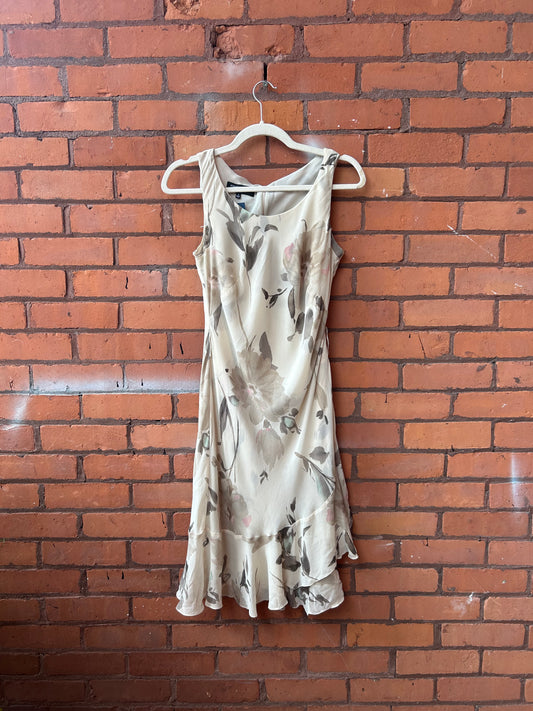 Y2K Vintage Beige Floral Silk Midi Dress / Size 4