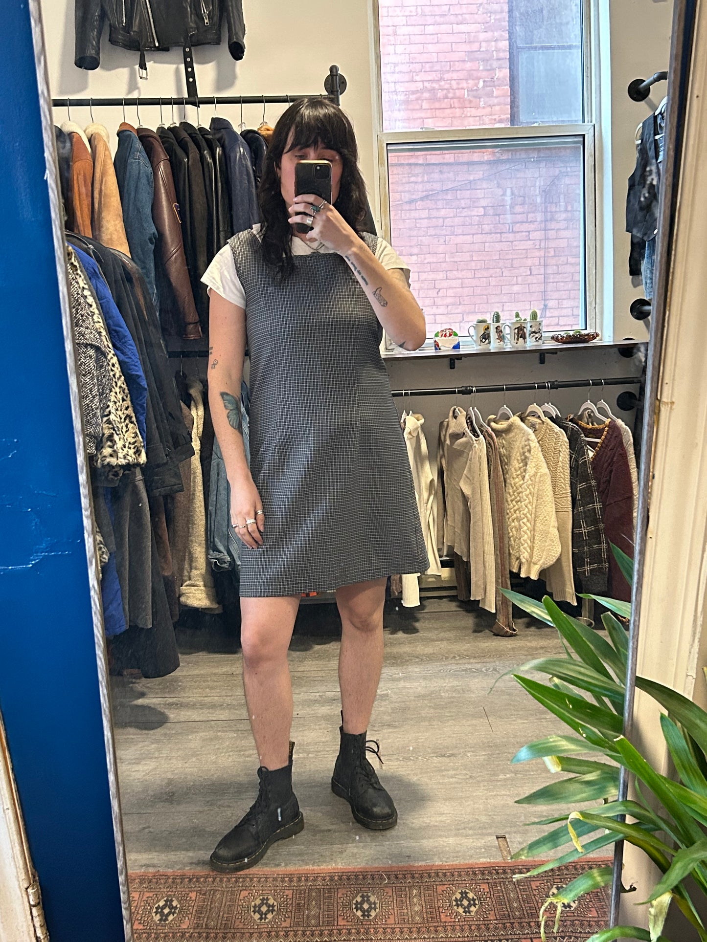 90’s Vintage Minimal Plaid Mini Dress / Size L