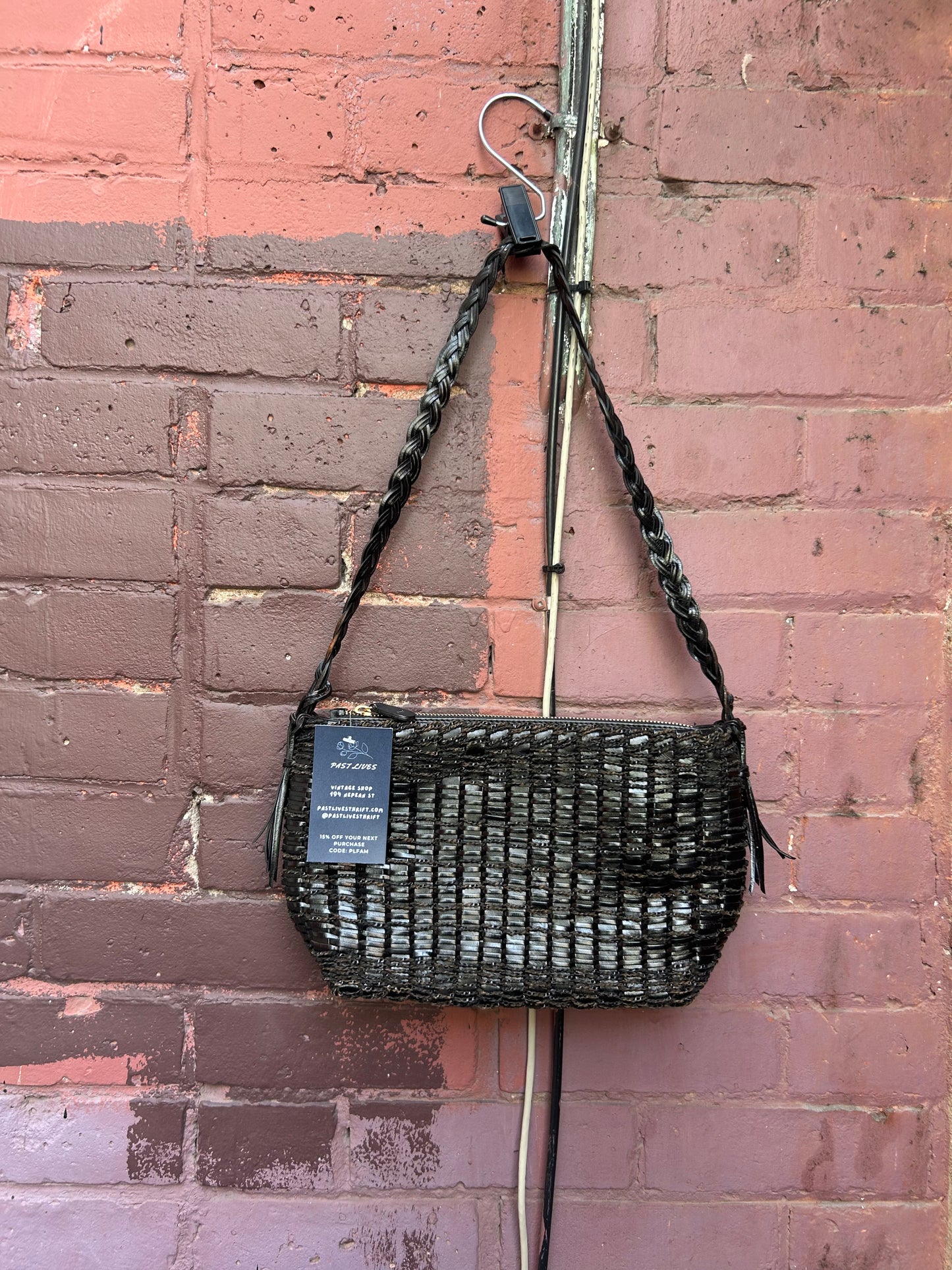 90's Vintage Black Woven Leather Shoulder Purse
