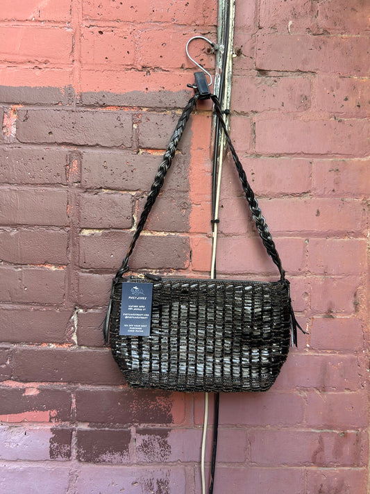90's Vintage Black Woven Leather Shoulder Purse