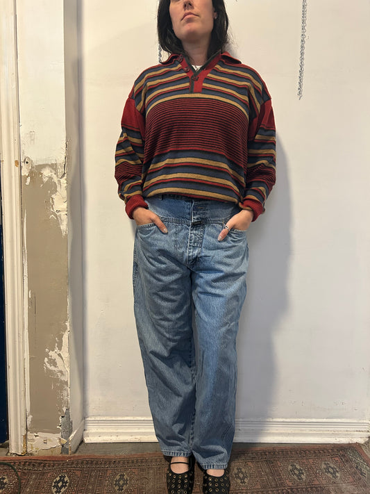 90’s Vintage Red Yellow & Blue Striped Lambswool Henley Sweater / Size L