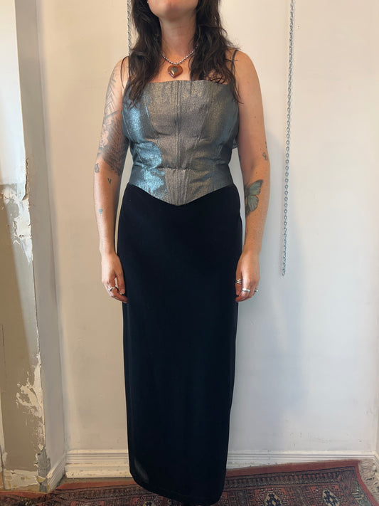 90’s Vintage Metallic Silver Corset & Black Velvet Maxi Dress / Size 10-12