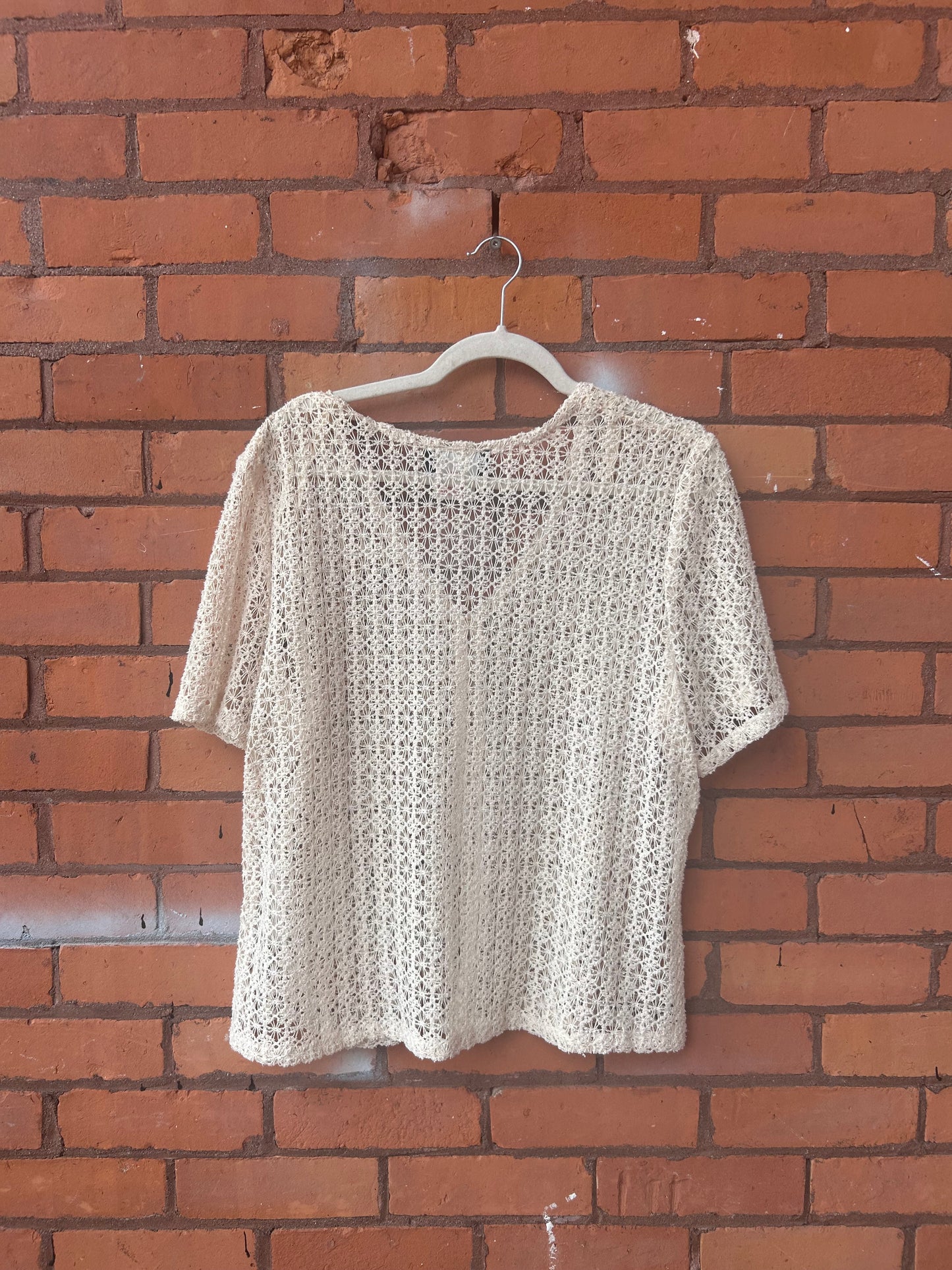 90's Vintage Cream Knit Sheer One Button Blouse / Size L