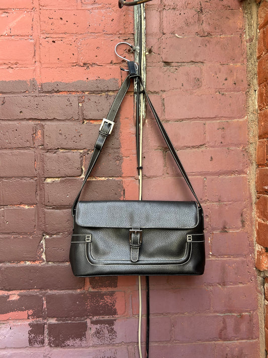 90's Vintage Faux Black Leather Buckle Shoulder Purse