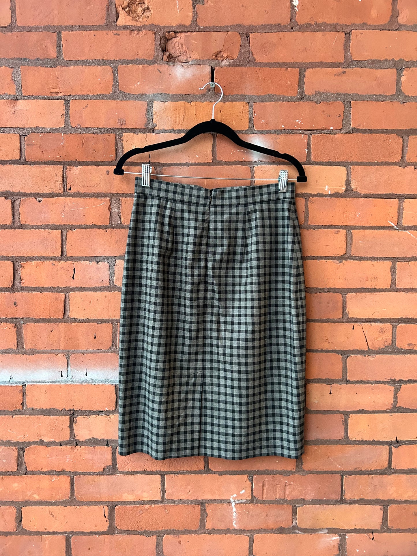 Y2K Vintage Grey & Black Plaid Sleek Midi Skirt / 28 Waist