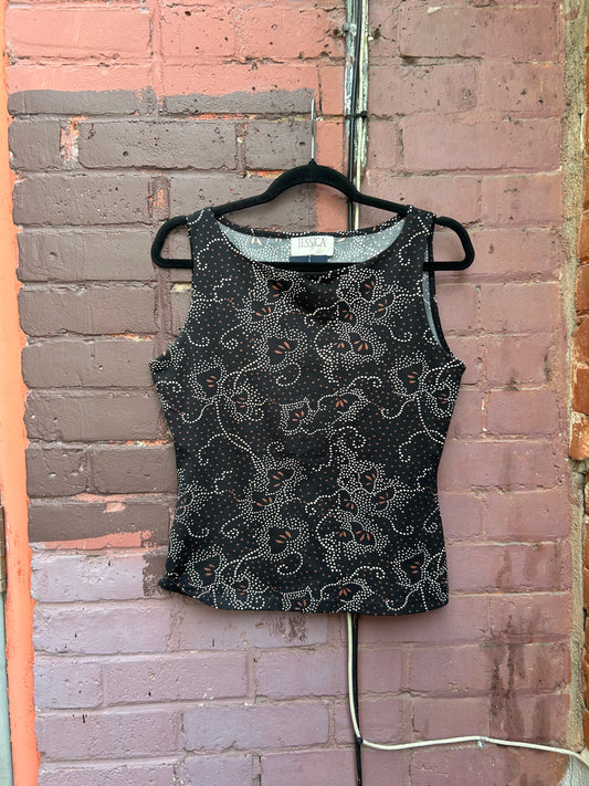90's Vintage Black & Brown Print High Neck Tank Top / Size M